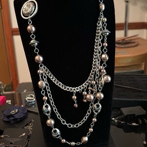 Silver Multi-Layered Necklace with Beads